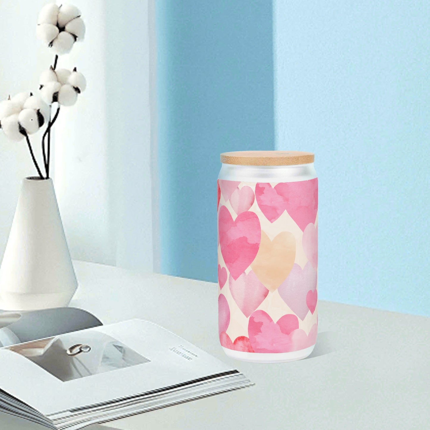 Valentine Frosted 16oz Glass Cups with Bamboo Lid Can Tumbler
