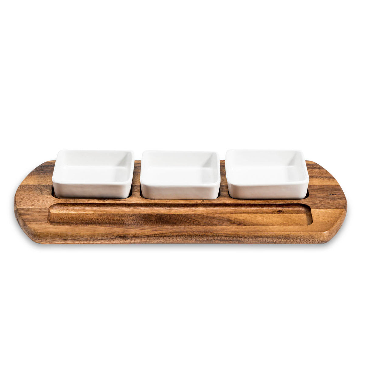 Charcuterie Board with 3 Square Ceramic Dishes 18" x 9"