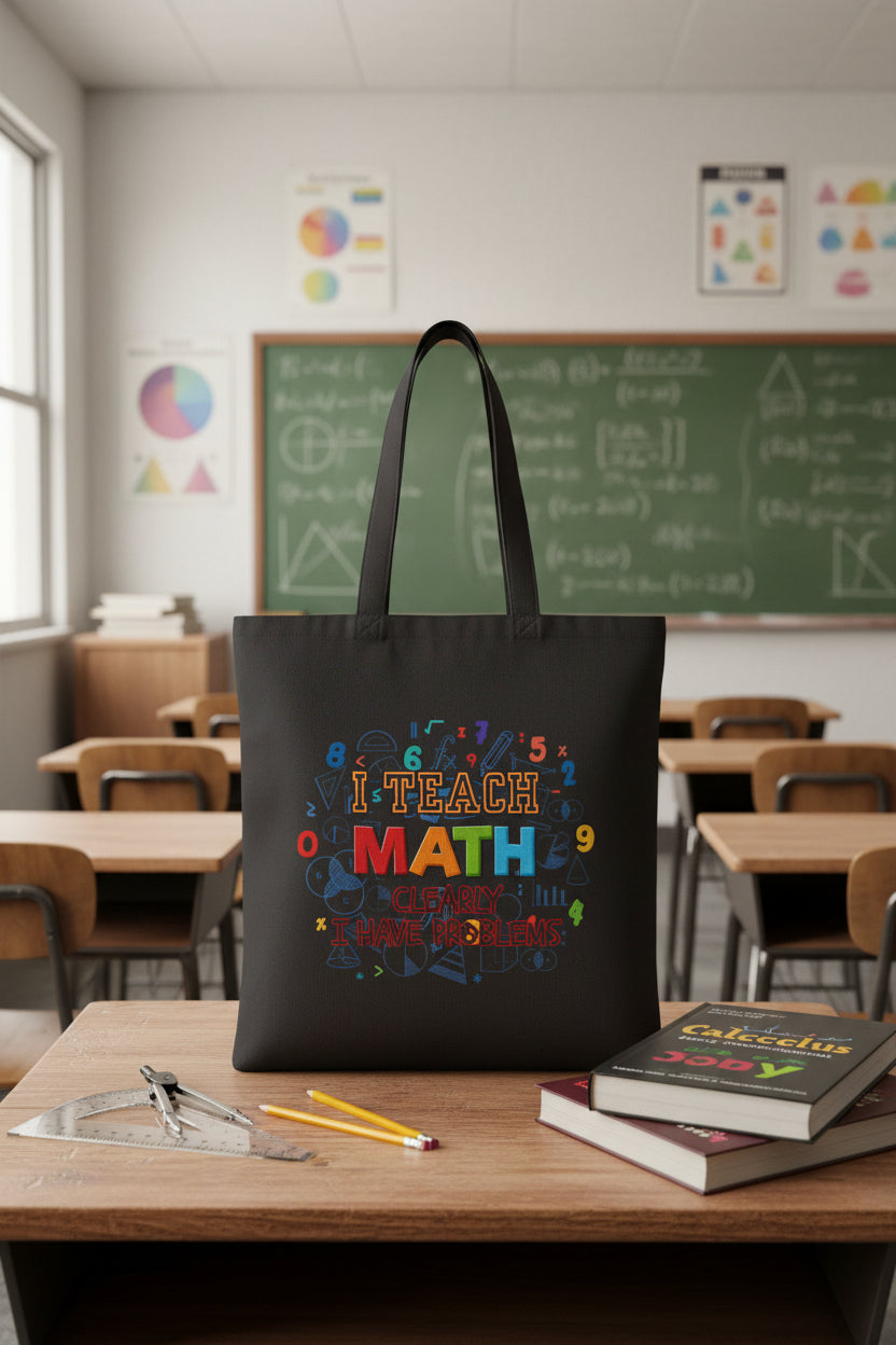Math Teacher Tote Bag — "I Teach Math, Clearly I Have Problems" Cotton Canvas Grocery/Book Bag