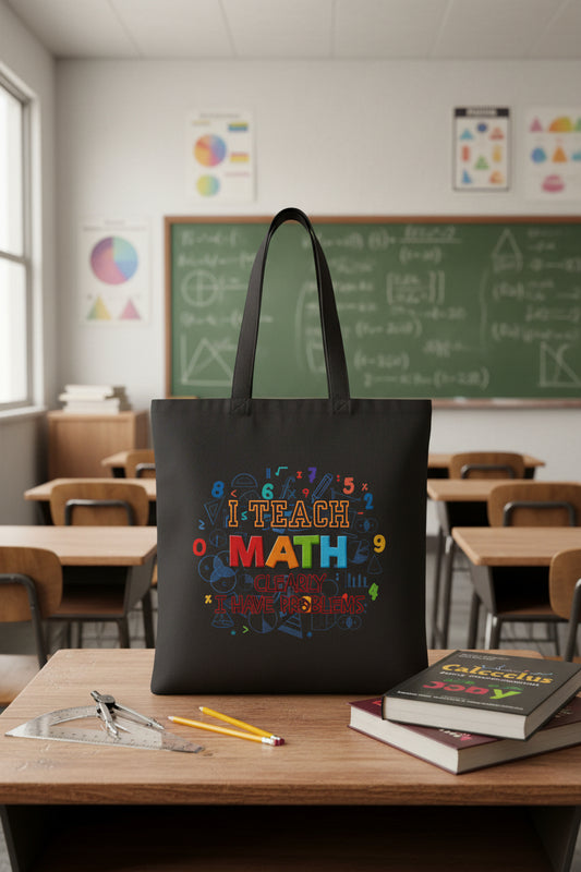 Math Teacher Tote Bag — "I Teach Math, Clearly I Have Problems" Cotton Canvas Grocery/Book Bag