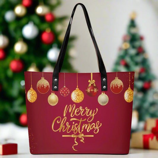 Womens Christmas Leather Tote Bag with Front Zipper Pocket