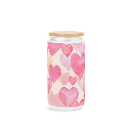 Valentine Frosted 16oz Glass Cups with Bamboo Lid Can Tumbler