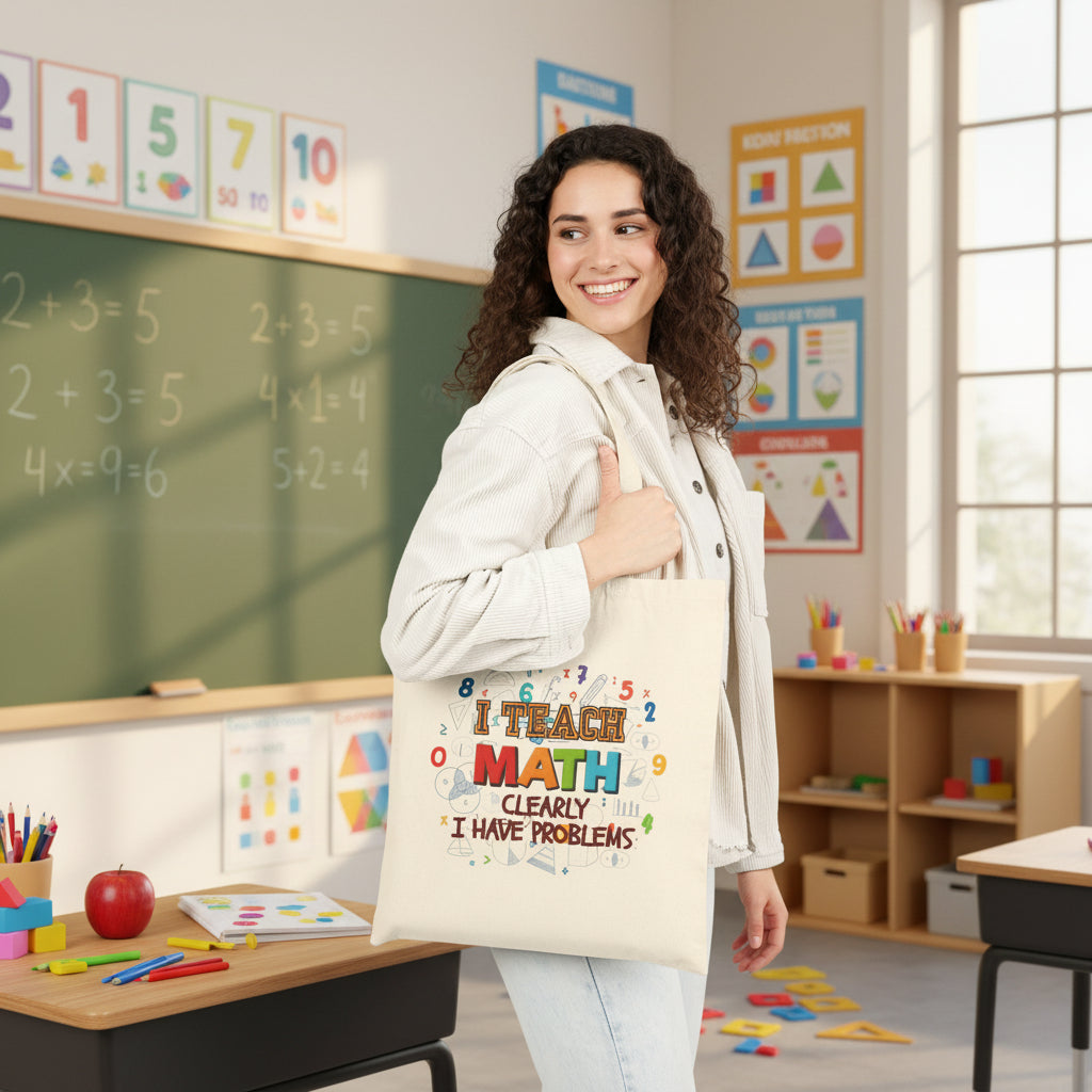 Math Teacher Tote Bag — "I Teach Math, Clearly I Have Problems" Cotton Canvas Grocery/Book Bag